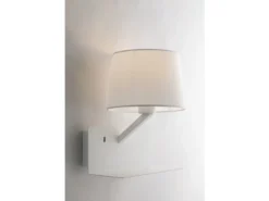 LED Wandleuchte Weiß & Stoffschirm mit USB Ladefunktion & Ablage, Höhe 31cm