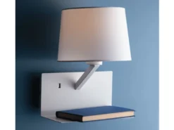 LED Wandleuchte Weiß & Stoffschirm mit USB Ladefunktion & Ablage, Höhe 31cm