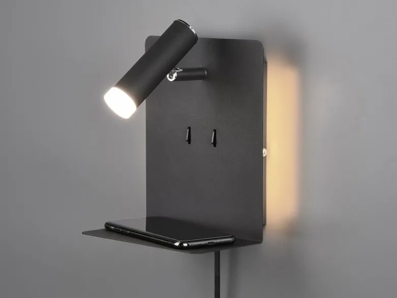 LED Wandspot ELEMENT Schwarz mit Schalter, Stecker & USB, Breite 16cm