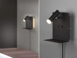 LED Wandspot ELEMENT Schwarz mit Schalter, Stecker & USB, Breite 16cm