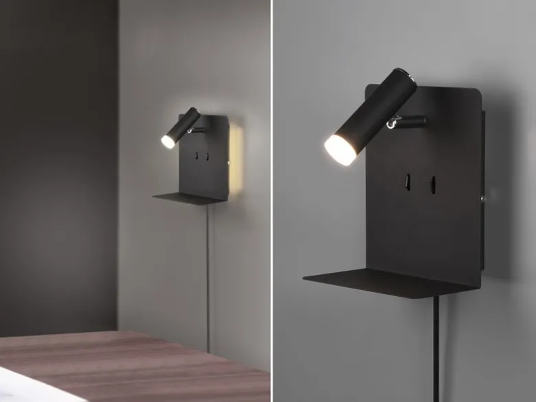 LED Wandspot ELEMENT Schwarz mit Schalter, Stecker & USB, Breite 16cm