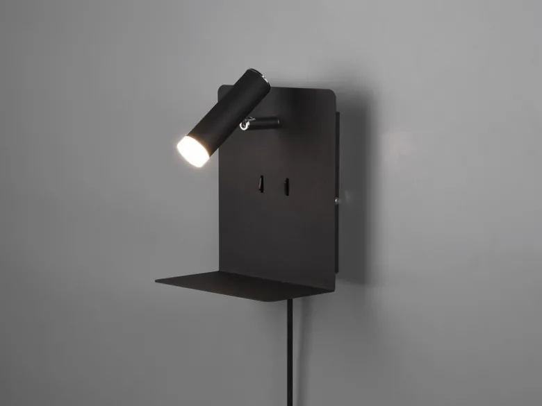LED Wandspot ELEMENT Schwarz mit Schalter, Stecker & USB, Breite 16cm