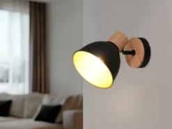 LED Wandstrahler aus Metall in Schwarz/Gold & Holzoptik, Höhe 19cm