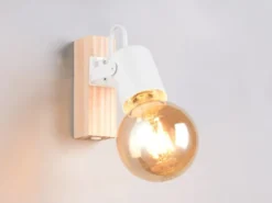 LED Wandstrahler aus Metall in Weiß mit Naturholz, Höhe 13cm