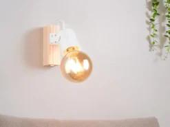 LED Wandstrahler aus Metall in Weiß mit Naturholz, Höhe 13cm