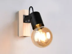 LED Wandstrahler aus Metall in Schwarz mit Naturholz, Höhe 13cm
