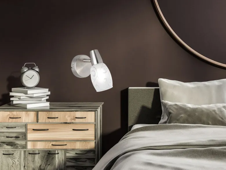 LED Wandstrahler dimmbar, Silber matt mit Dekorglas satiniert, Breite 8cm