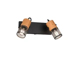 LED Wandstrahler 2-flammig mit Schalter, Schwarz & Holz, Breite 26cm