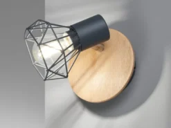 LED Wandstrahler Gitterlampe Grau / Holz mit Schalter, Breite 11cm