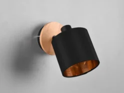 LED Wandstrahler Holzoptik mit Stoffschirm Schwarz / Gold, Breite 12cm