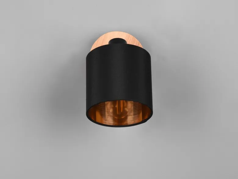 LED Wandstrahler Holzoptik mit Stoffschirm Schwarz / Gold, Breite 12cm