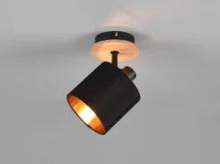 LED Wandstrahler Holzoptik mit Stoffschirm Schwarz / Gold, Breite 12cm