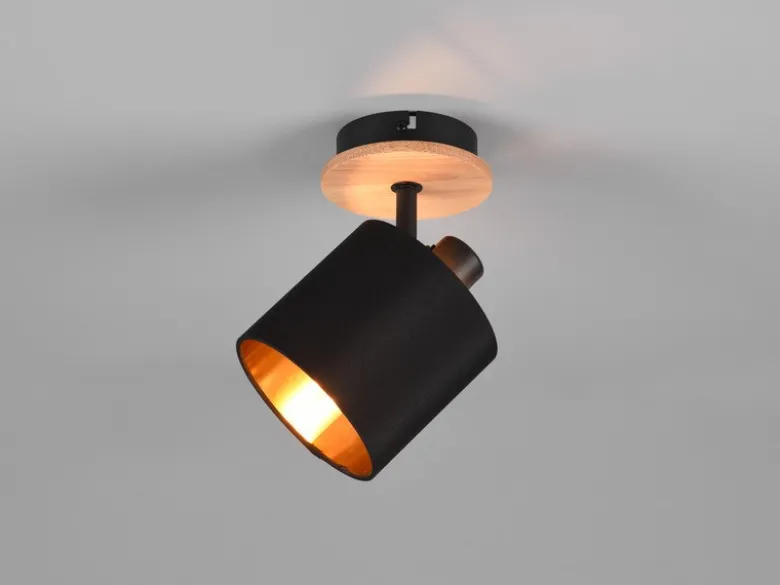 LED Wandstrahler Holzoptik mit Stoffschirm Schwarz / Gold, Breite 12cm