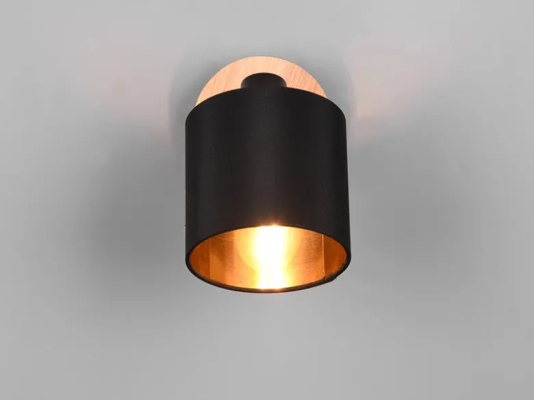 LED Wandstrahler Holzoptik mit Stoffschirm Schwarz / Gold, Breite 12cm