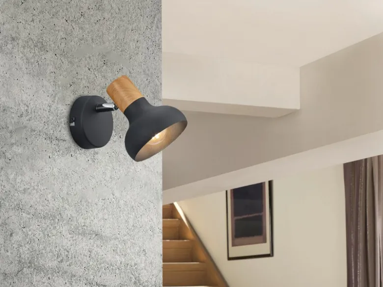 LED Wandstrahler Metall Schwarz mit Holzoptik, Breite 10cm