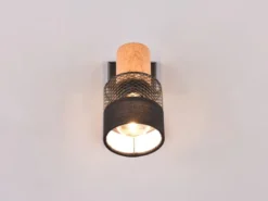 LED Wandstrahler mit Holz & Draht-Stoff Lampenschirm, Breite 7cm