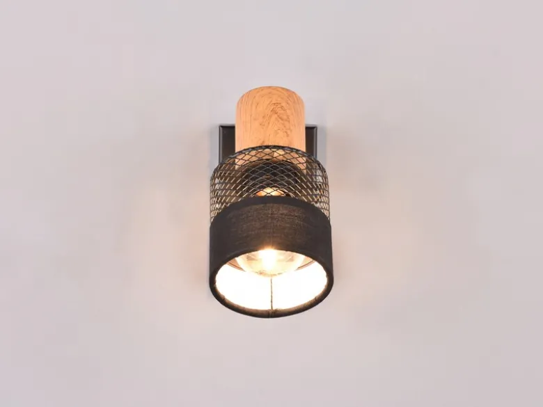 LED Wandstrahler mit Holz & Draht-Stoff Lampenschirm, Breite 7cm