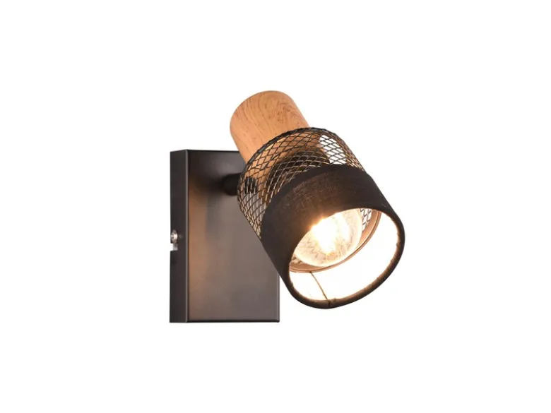 LED Wandstrahler mit Holz & Draht-Stoff Lampenschirm, Breite 7cm