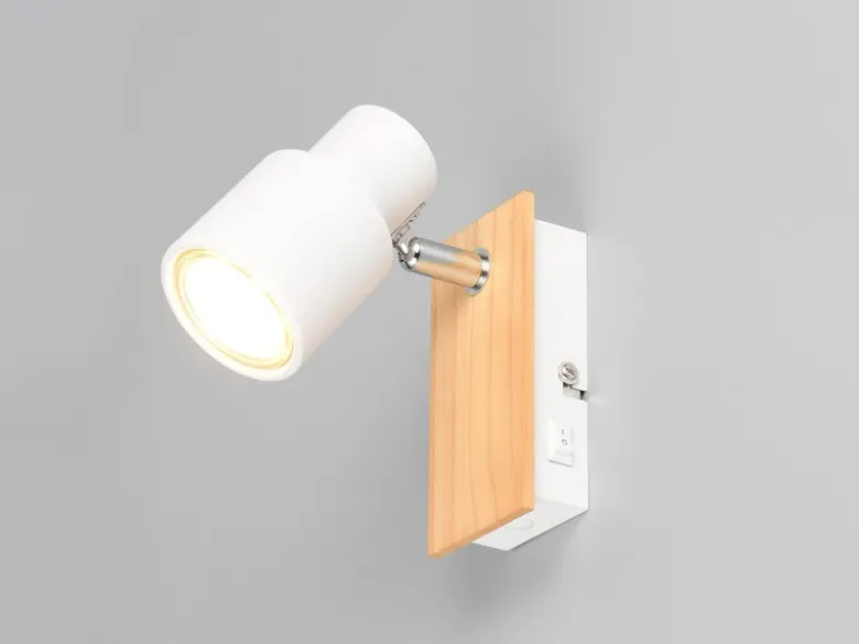LED Wandstrahler mit Schalter, Metall Weiß & Holz, Breite 6cm