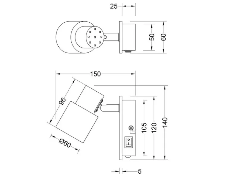 LED Wandstrahler mit Schalter, Metall Weiß & Holz, Breite 6cm