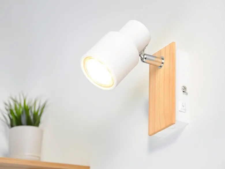 LED Wandstrahler mit Schalter, Metall Weiß & Holz, Breite 6cm