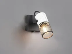 LED Wandstrahler mit Schalter, Schwarz mit Holz Weiß & Gitterschirm, Breite 9cm