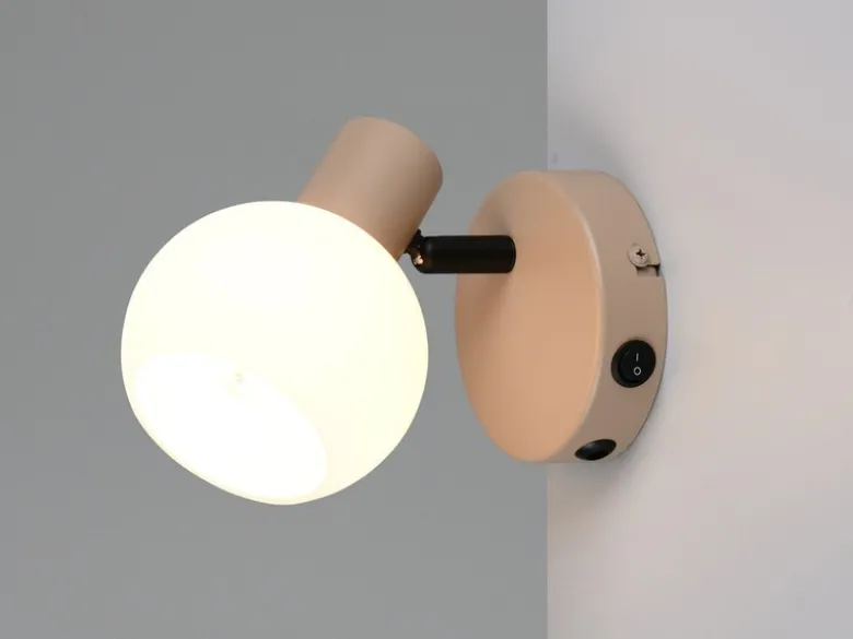 LED Wandstrahler mit Schalter aus Metall in Beige und Glasschirm, Höhe 13,5cm