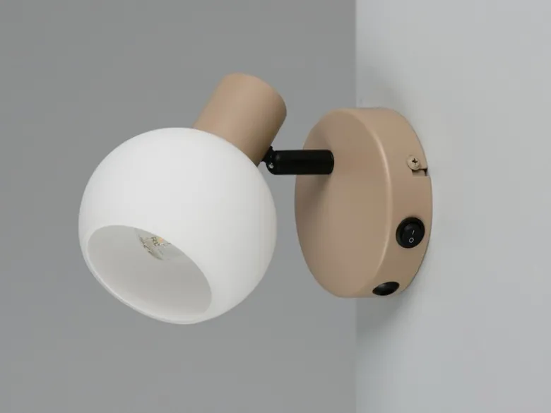 LED Wandstrahler mit Schalter aus Metall in Beige und Glasschirm, Höhe 13,5cm