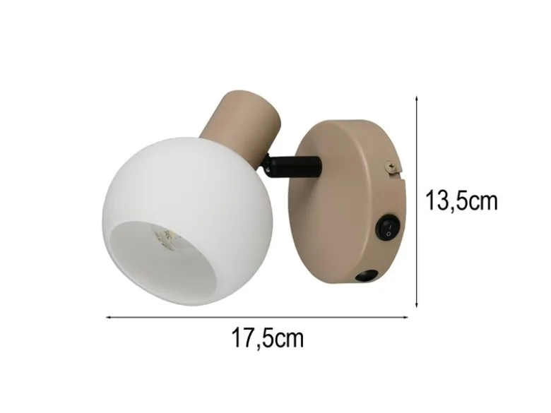 LED Wandstrahler mit Schalter aus Metall in Beige und Glasschirm, Höhe 13,5cm
