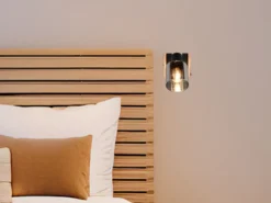 LED Wandstrahler mit Schalter, Rauchglas Schwarz & Holz, Breite 10cm