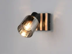 LED Wandstrahler mit Schalter, Rauchglas Schwarz & Holz, Breite 10cm