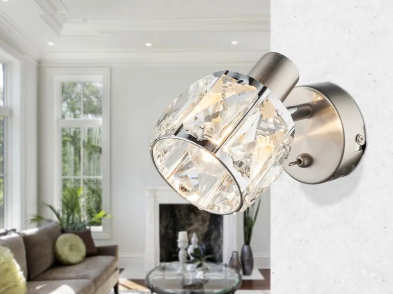 LED Wandstrahler mit Schalter & Glaskristallen Silber matt, Breite 9cm