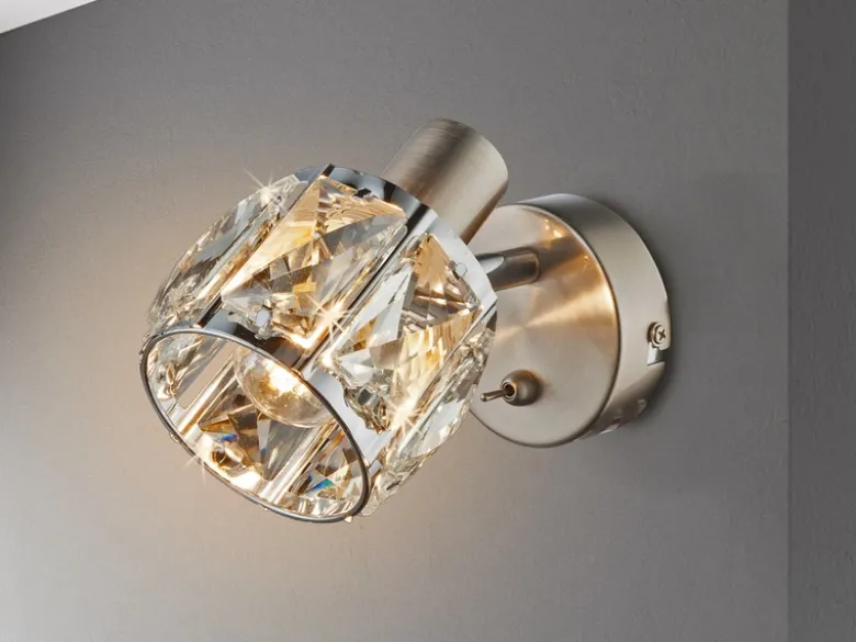 LED Wandstrahler mit Schalter & Glaskristallen Silber matt, Breite 9cm