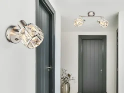 LED Wandstrahler mit Schalter & Glaskristallen Silber matt, Breite 9cm