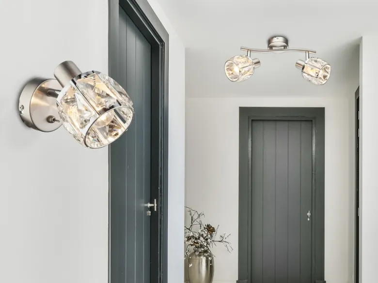 LED Wandstrahler mit Schalter & Glaskristallen Silber matt, Breite 9cm