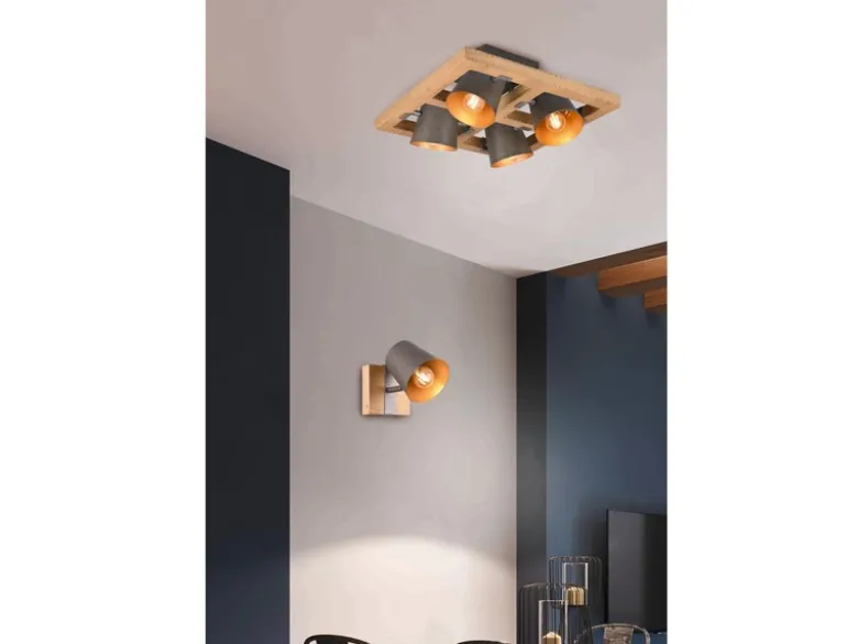 LED Wandstrahler Silber antik & Gold mit Holz Industrial Style, Breite 11cm