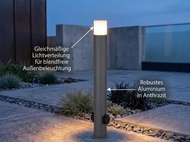 LED Wegeleuchte aus Aluminium Anthrazit mit 2 Steckdosen, Höhe 80cm