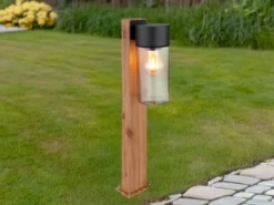LED Wegeleuchte aus Edelstahl in Holzoptik mit rauchfarbigem Glas, Höhe 50cm