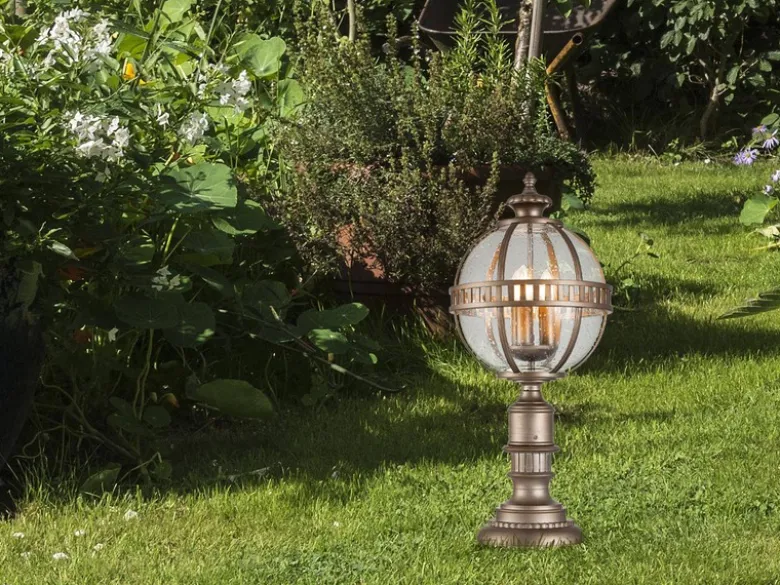 LED Wegeleuchte im Jugendstil mit Glaskugel, Bronze Höhe 70cm