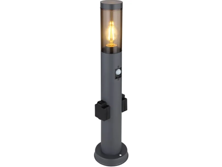 LED Wegeleuchte mit Bewegungsmelder & Steckdosen in Anthrazit & Rauch, H 60cm