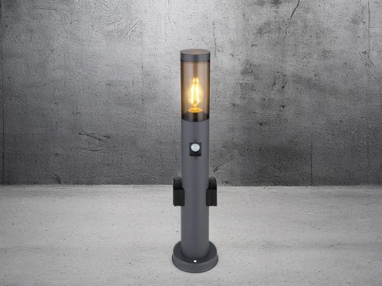 LED Wegeleuchte mit Bewegungsmelder & Steckdosen in Anthrazit & Rauch, H 60cm