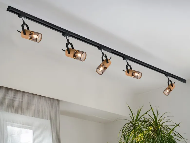 Lichtschienensystem mit 5 Holz Spots & Einspeisung 4-adrig, Länge 202,5cm