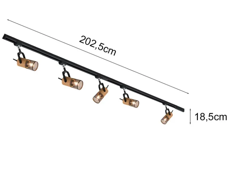 Lichtschienensystem mit 5 Holz Spots & Einspeisung 4-adrig, Länge 202,5cm