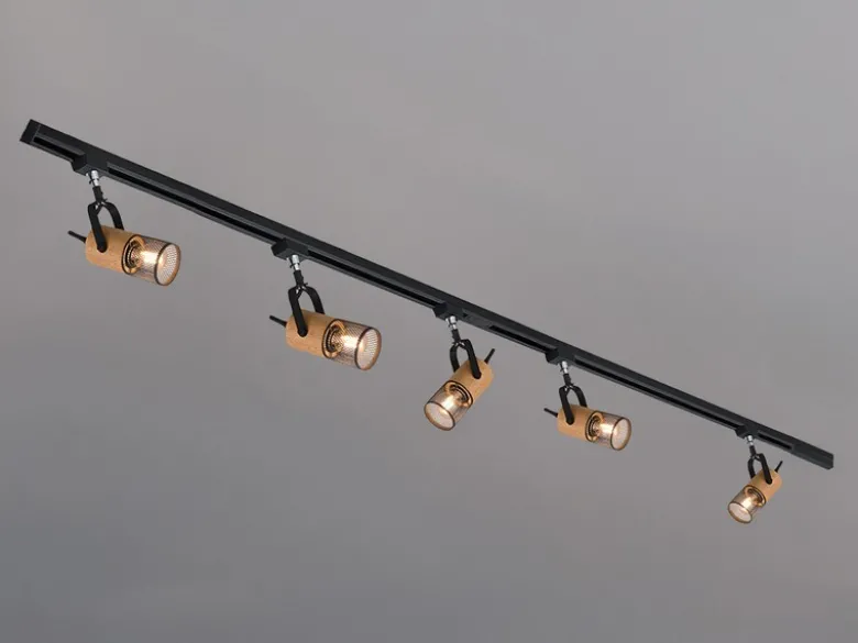 Lichtschienensystem mit 5 Holz Spots & Einspeisung 4-adrig, Länge 202,5cm