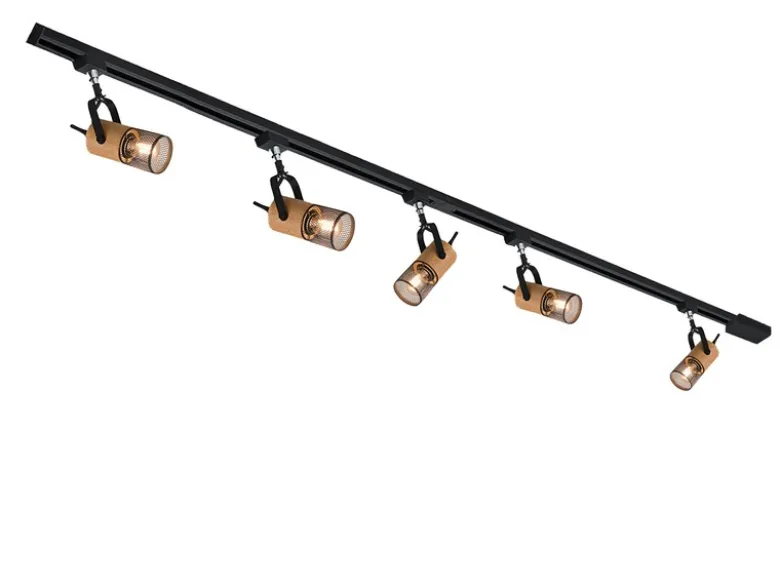 Lichtschienensystem mit 5 Holz Spots & Einspeisung 3-adrig, Länge 202,5cm