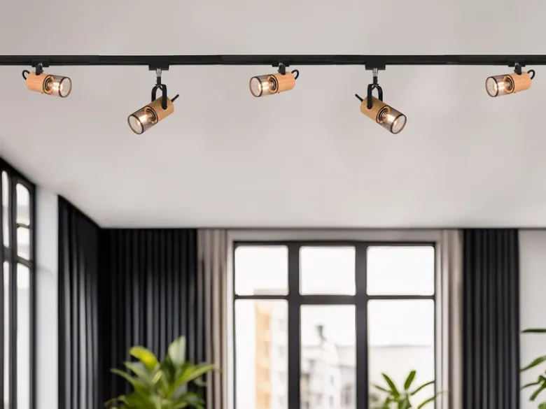 Lichtschienensystem mit 5 Holz Spots & Einspeisung 3-adrig, Länge 202,5cm