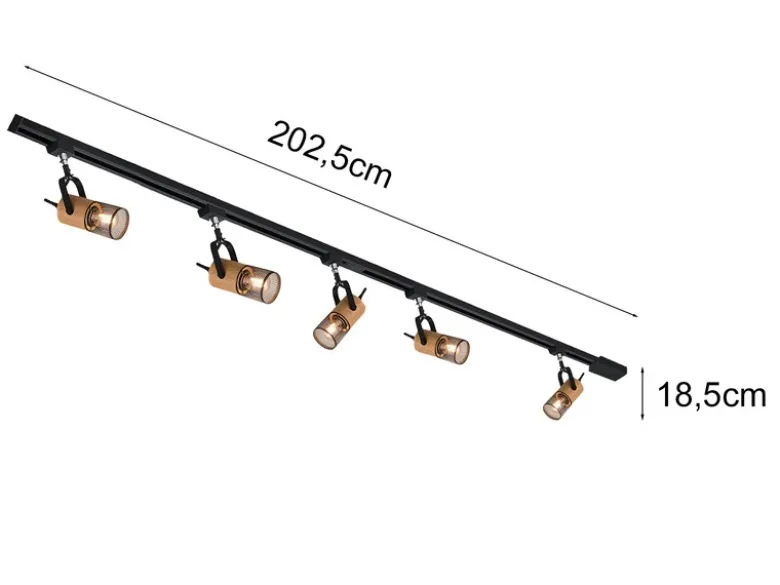 Lichtschienensystem mit 5 Holz Spots & Einspeisung 3-adrig, Länge 202,5cm