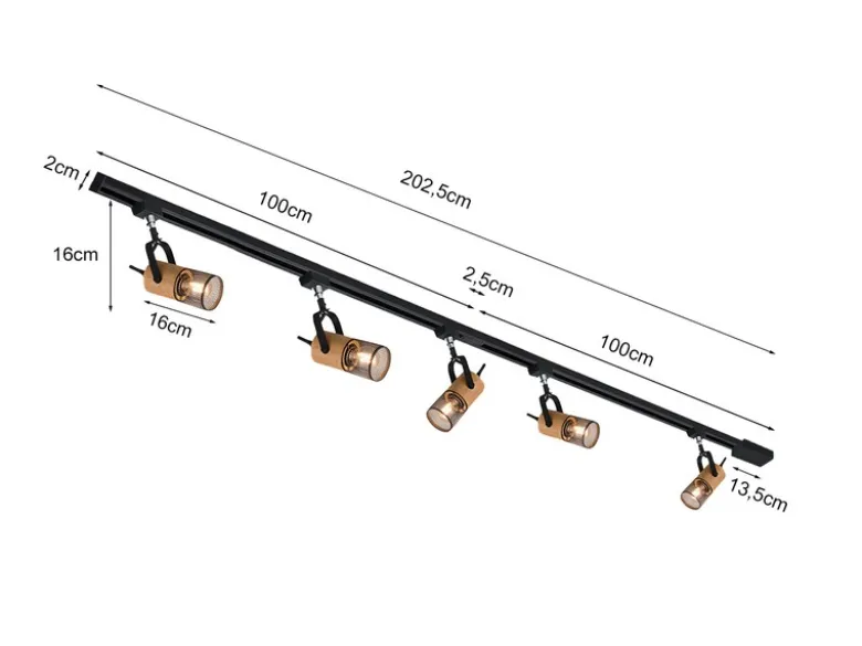 Lichtschienensystem mit 5 Holz Spots & Einspeisung 3-adrig, Länge 202,5cm