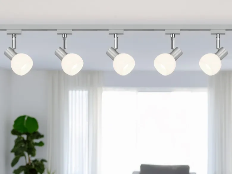 Lichtschienensystem mit 5 Spots Glas Weiß & Einspeisung 3-adrig, Länge 202,5cm