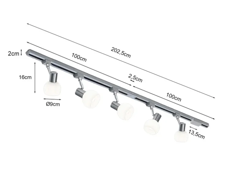 Lichtschienensystem mit 5 Spots Glas Weiß & Einspeisung 3-adrig, Länge 202,5cm